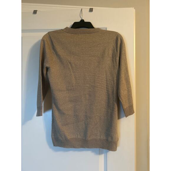 GUC New York & Company Light Brown Sweater with Gold Threads 3/4 Sleeve Size S - Picture 4 of 7